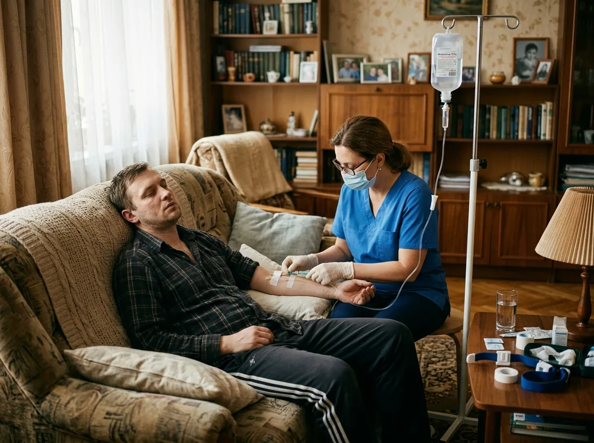 Врач устанавливает капельницу пациенту с алкогольным отравлением в жилой квартире, медицинская обстановка, тёплый интерьер