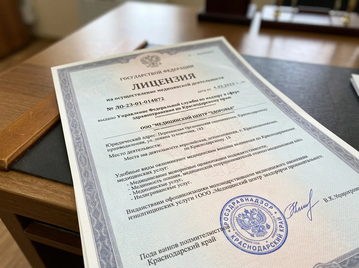 Лицензия на осуществление медицинской деятельности № ЛО-23-01-014872, выданная Росздравнадзором по Краснодарскому краю, официальный документ