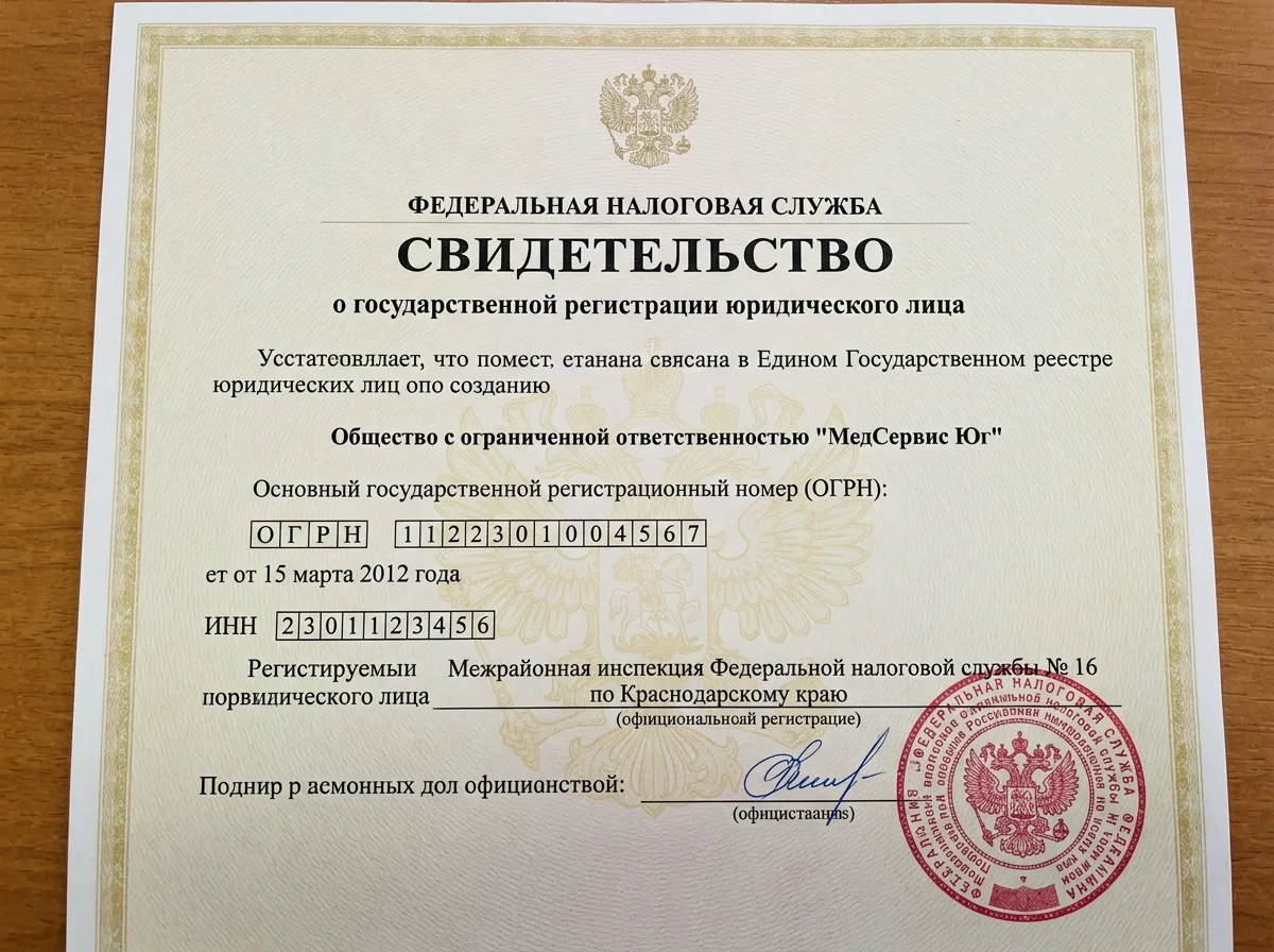 Свидетельство о государственной регистрации юридического лица ООО МедСервис Юг, ОГРН документ