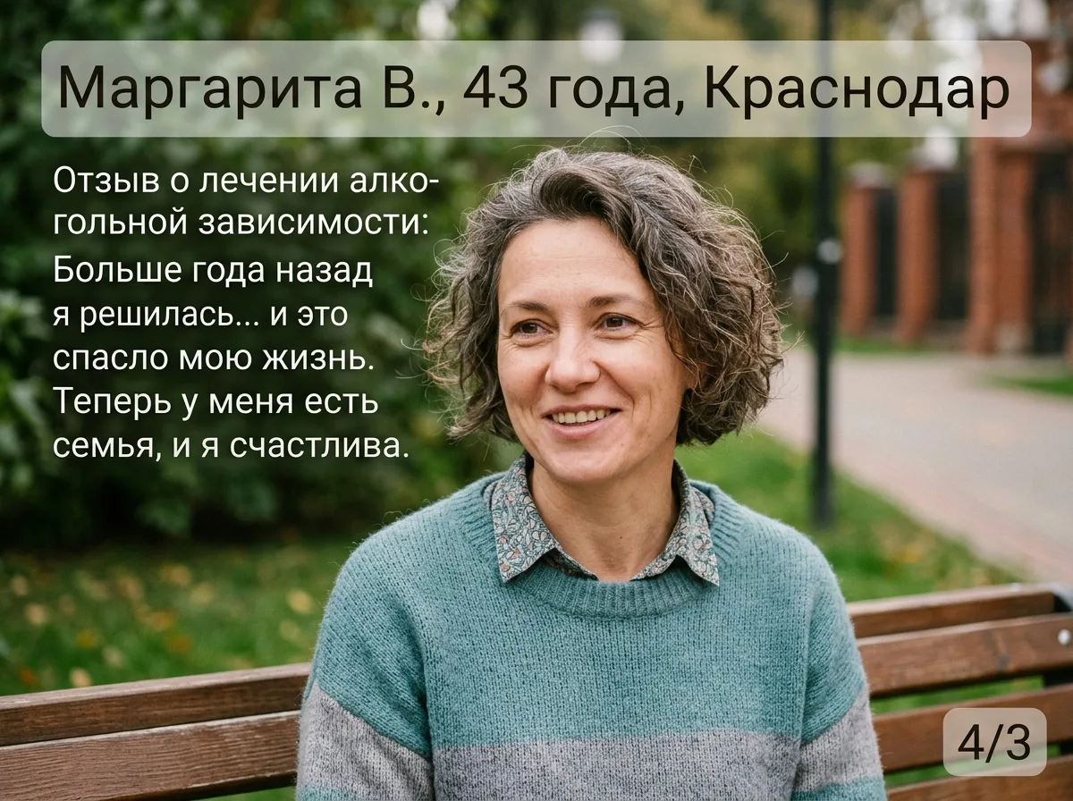 Аватар пользователя Маргарита В., женщина 43 года, Краснодар, отзыв о лечении алкогольной зависимости